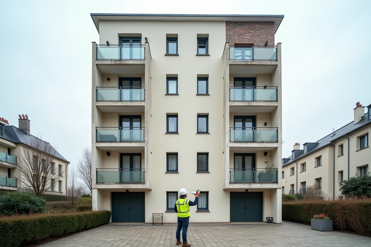 Technicien réalisant une inspection thermique de la façade d'un immeuble en copropriété avec une caméra infrarouge