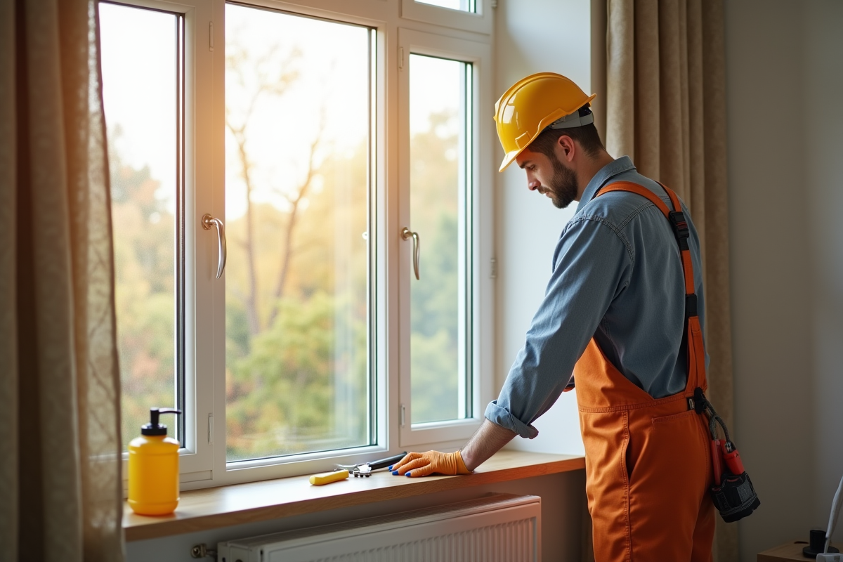 Installateur professionnel posant une grande fenetre moderne dans un salon lumineux