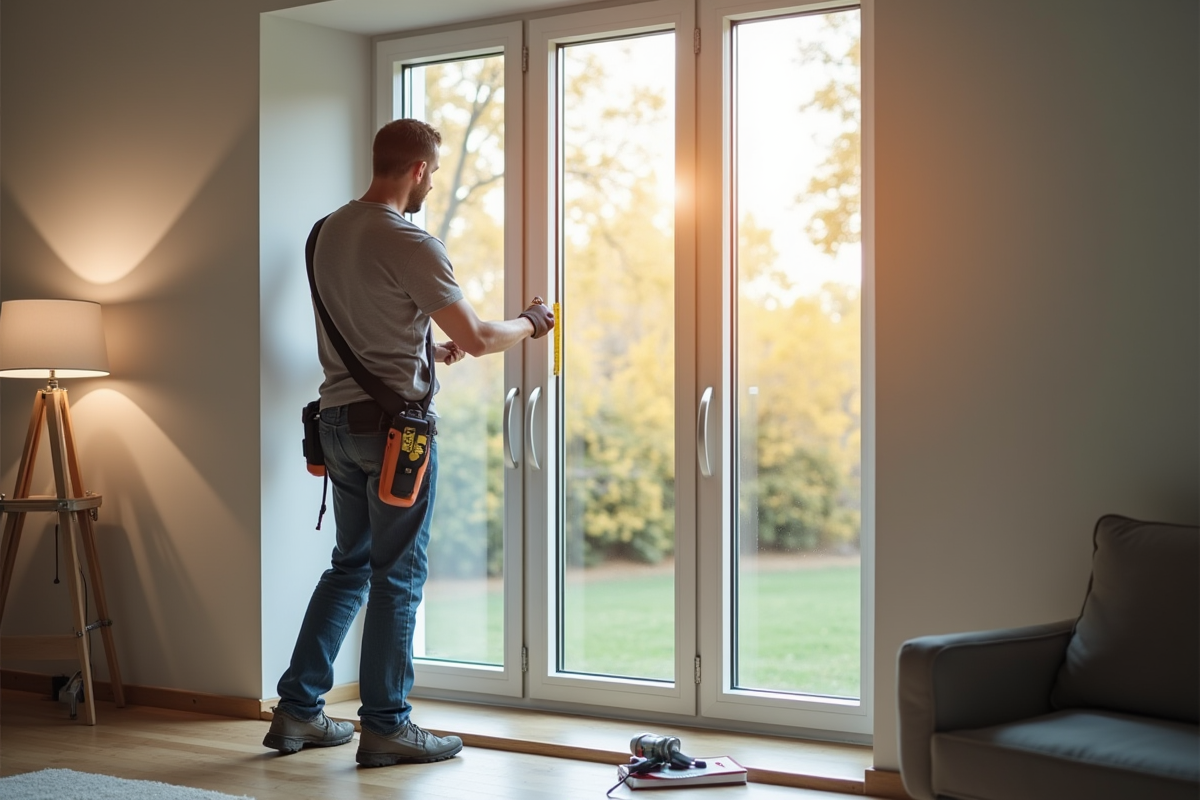 Installateur mesurant une vitre double vitrage dans un salon lumineux