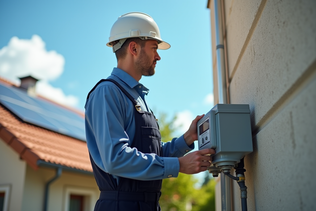Technicien installant un compteur solaire sur une maison en plein soleil