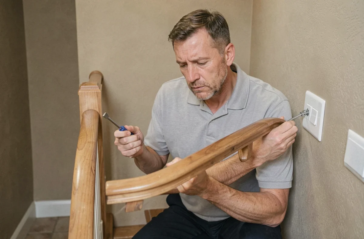 Électricien installant un interrupteur double va-et-vient Legrand en haut d'un escalier résidentiel