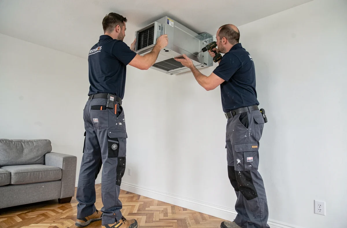 Deux techniciens installant un module intérieur de pompe à chaleur air-air dans un salon résidentiel