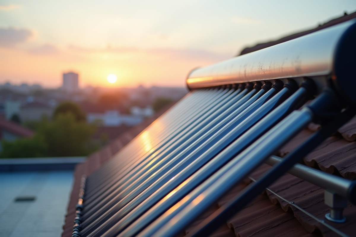 Zoom sur un chauffe-eau solaire avec panneaux brillants