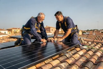 Deux installateurs posant des panneaux solaires sur un toit à Montpellier sous un ciel méditerranéen