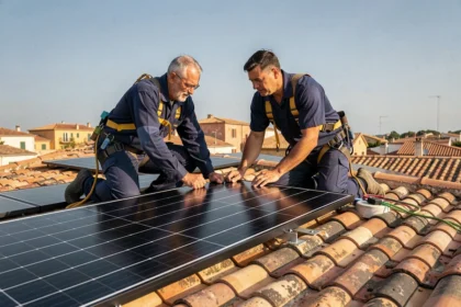 Deux installateurs posant des panneaux solaires sur un toit à Montpellier sous un ciel méditerranéen
