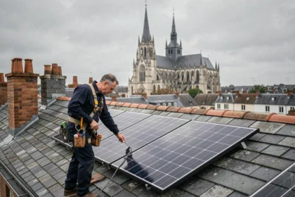 Technicien installant des panneaux solaires sur un toit en ardoise à Rouen avec la cathédrale en arrière-plan