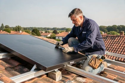 Technicien installant des panneaux solaires Victron sur un toit résidentiel avec rails de montage et tuiles en terre cuite