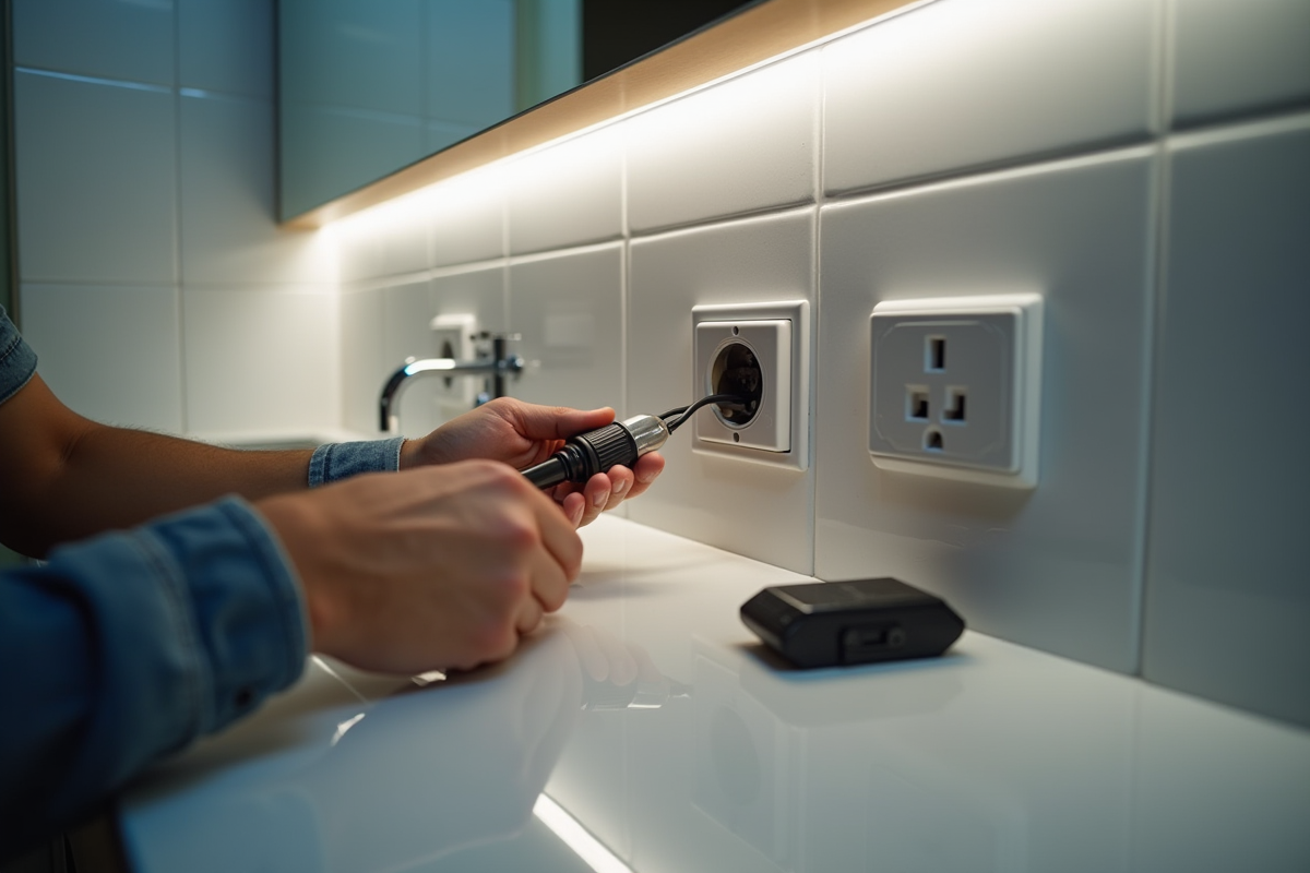 Électricien installant une prise électrique dans un mur de salle de bain