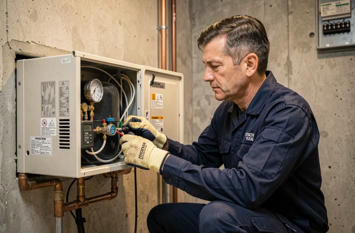 Technicien en train d'installer et de vérifier une pompe à chaleur Hitachi Yutaki dans une salle technique