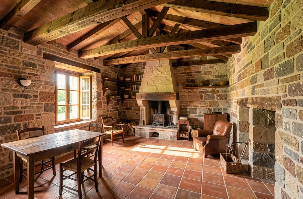 Intérieur de maison ancienne avec poutres et tomettes apparentes