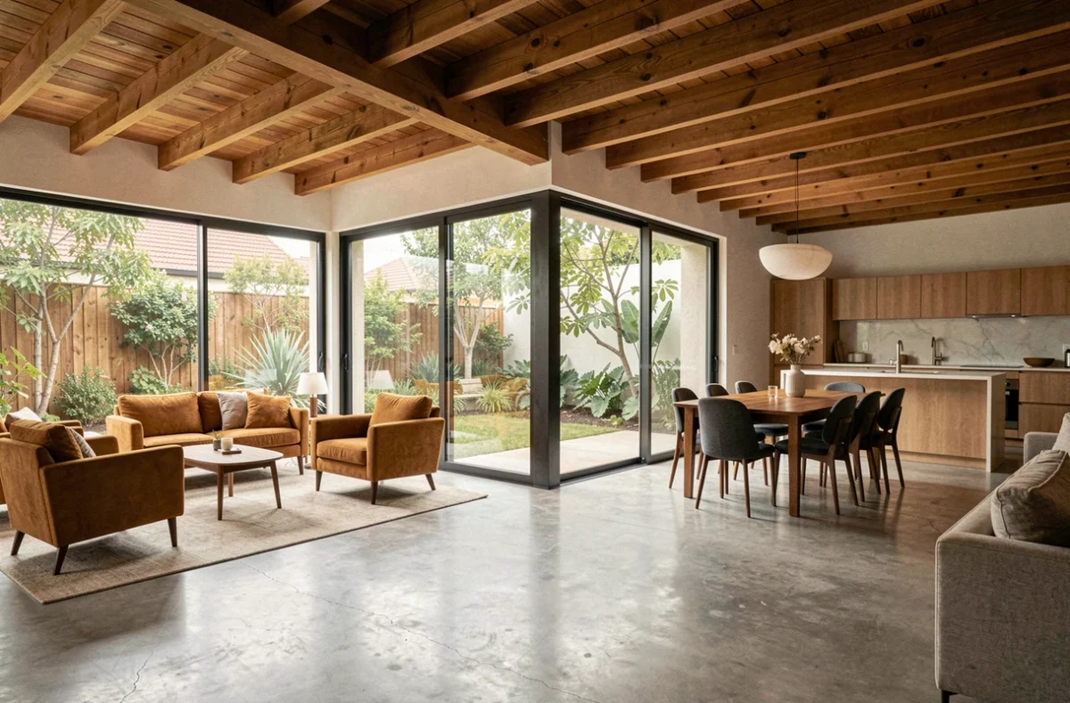 Intérieur lumineux d'une maison plain pied en L avec espace de vie ouvert et vue sur la cour intérieure
