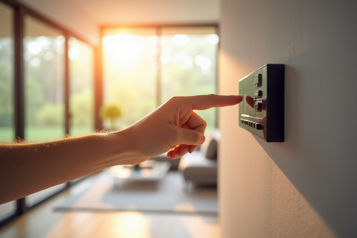 Intérieur moderne d'une maison avec panneau Verisure et bouton d'urgence