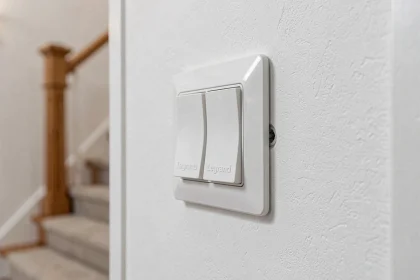 Interrupteur double va-et-vient Legrand blanc installé sur un mur de couloir moderne avec escalier en arrière-plan flou