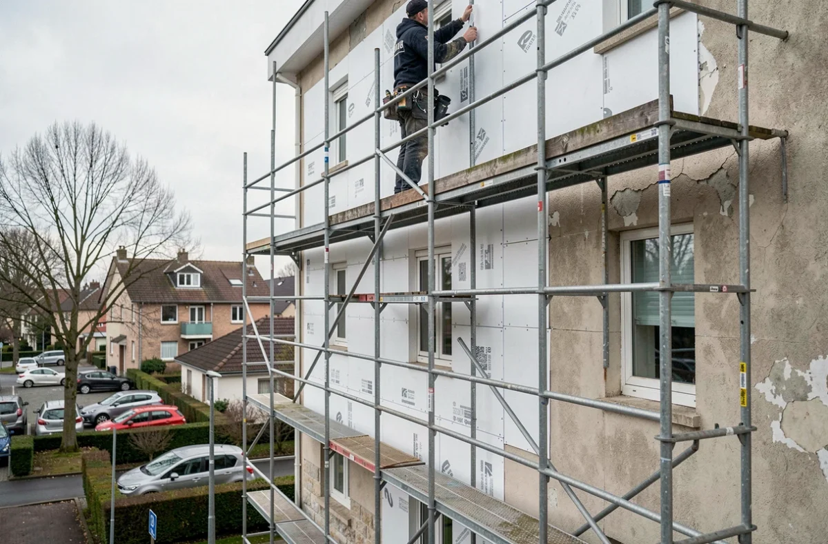 Technicien d'Isofacades Yvelines installant un système d'isolation thermique par l'extérieur sur un immeuble