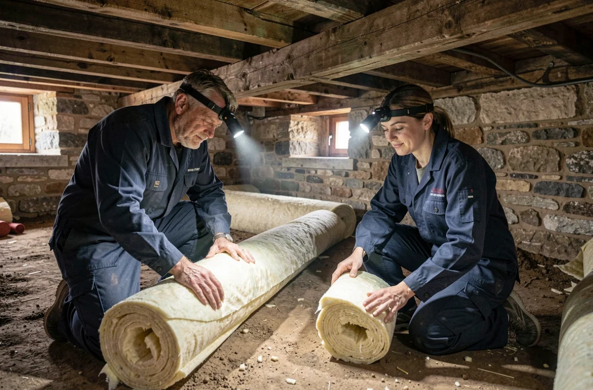 Équipe d'Isolac posant des rouleaux isolants dans un vide sanitaire sous une ferme des Yvelines