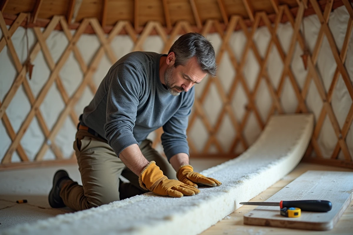 Homme installant une isolation thermique en laine minérale à l'intérieur d'une yourte pour l'hiver