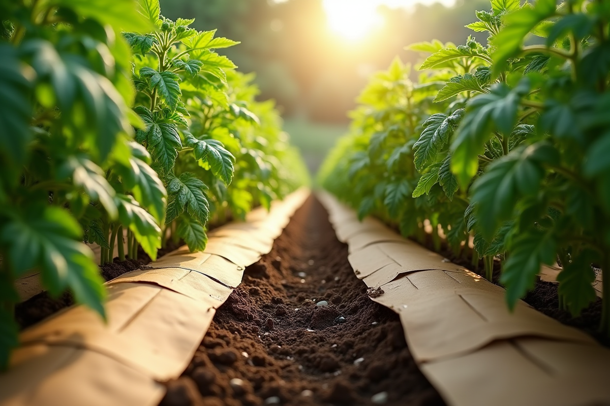 Jardin de légumes avec paillage en carton entre les rangs