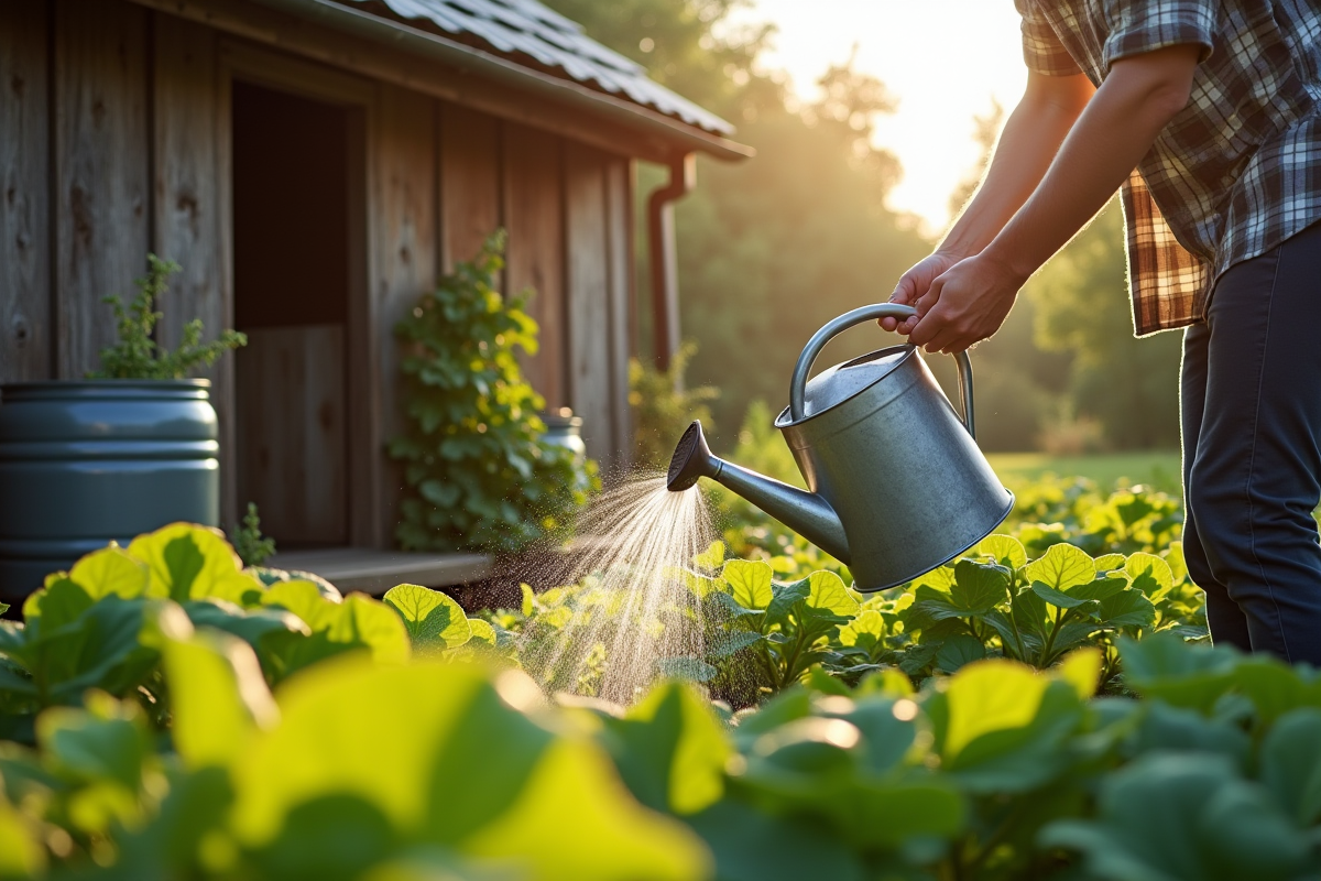 Personne arrosant un jardin avec un arrosoir depuis un baril de pluie