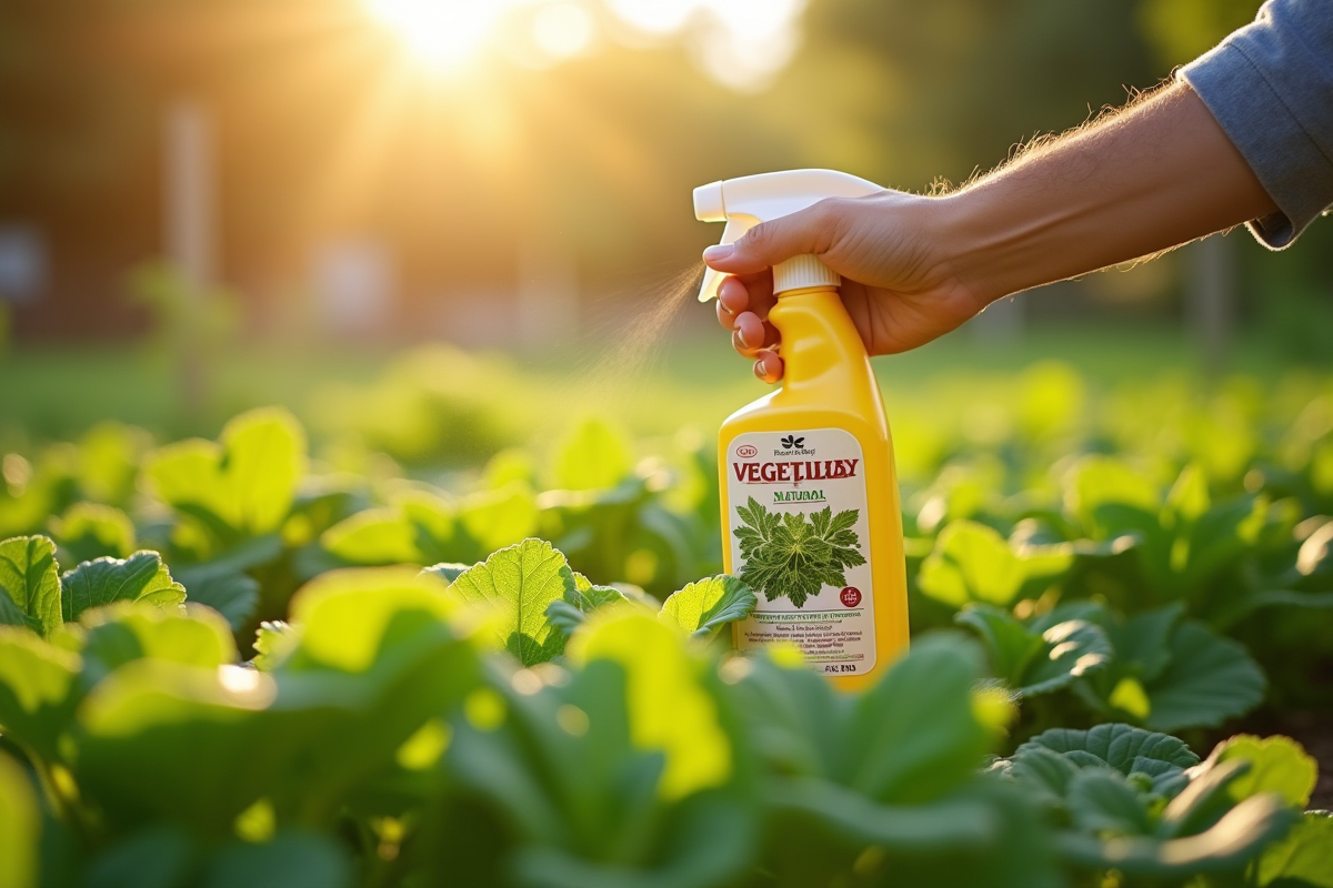 Main de jardinier pulvérisant un insecticide naturel sur des plantes vertes