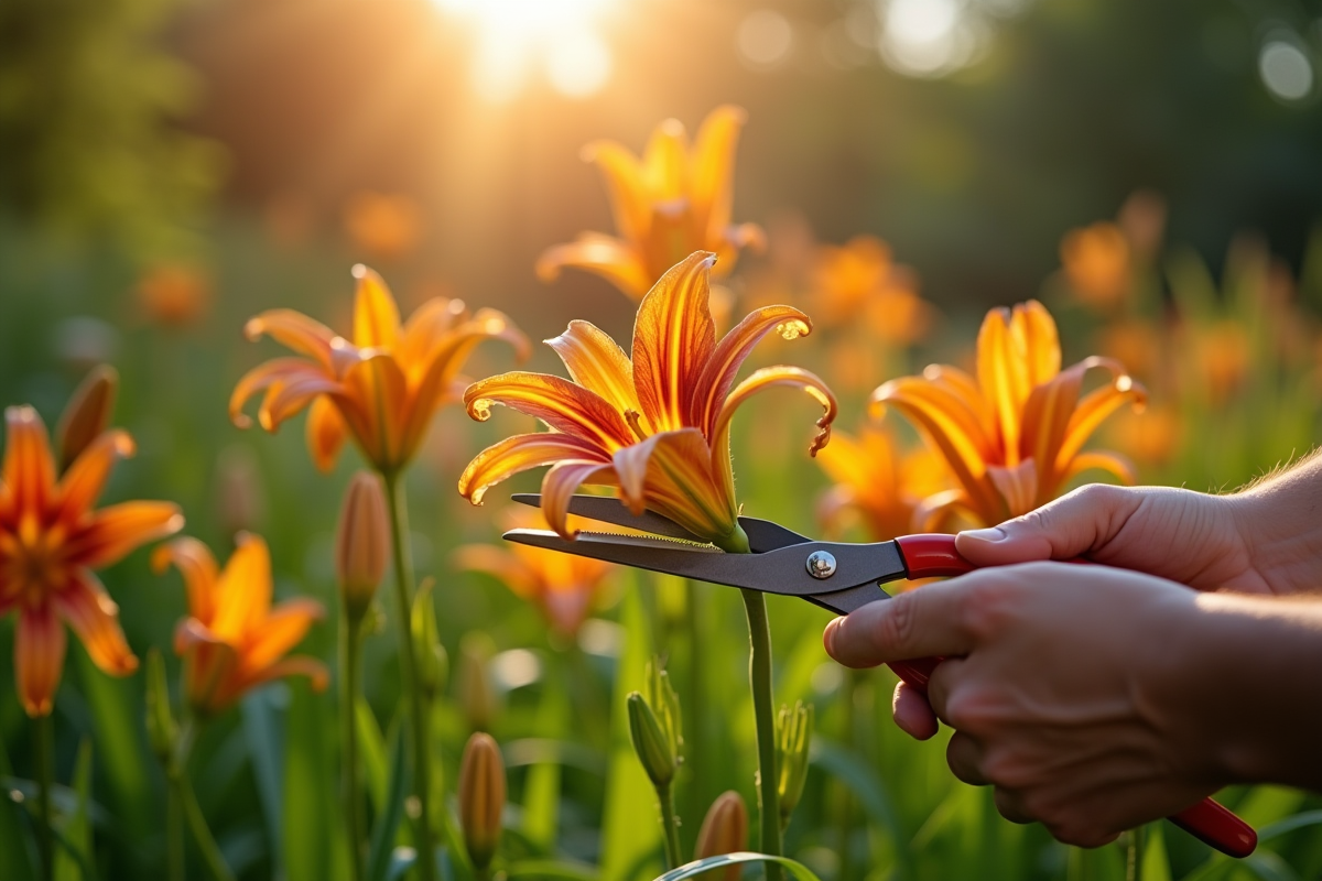Jardinier taillant des tulipes dans un jardin ensoleille