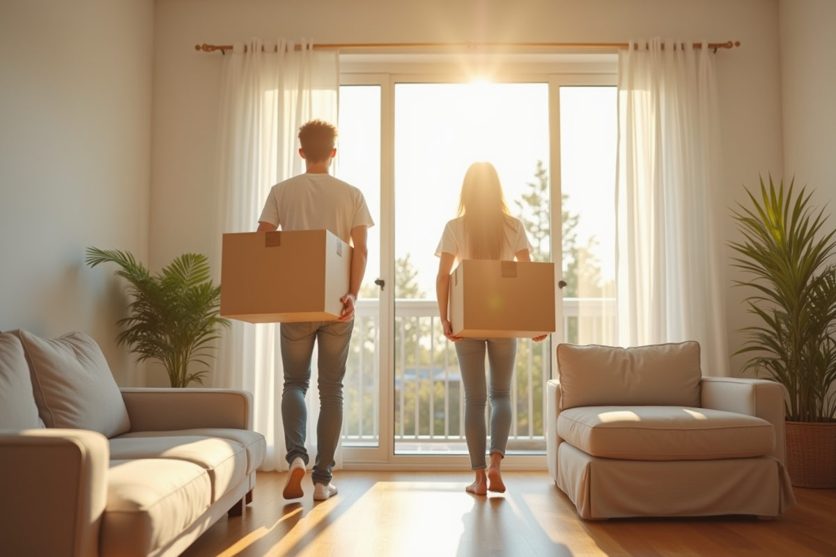 Jeune couple avec cartons dans un salon lumineux et minimaliste