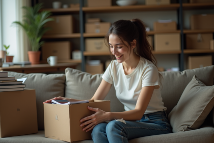 Jeune femme emballant des livres dans un carton dans un appartement