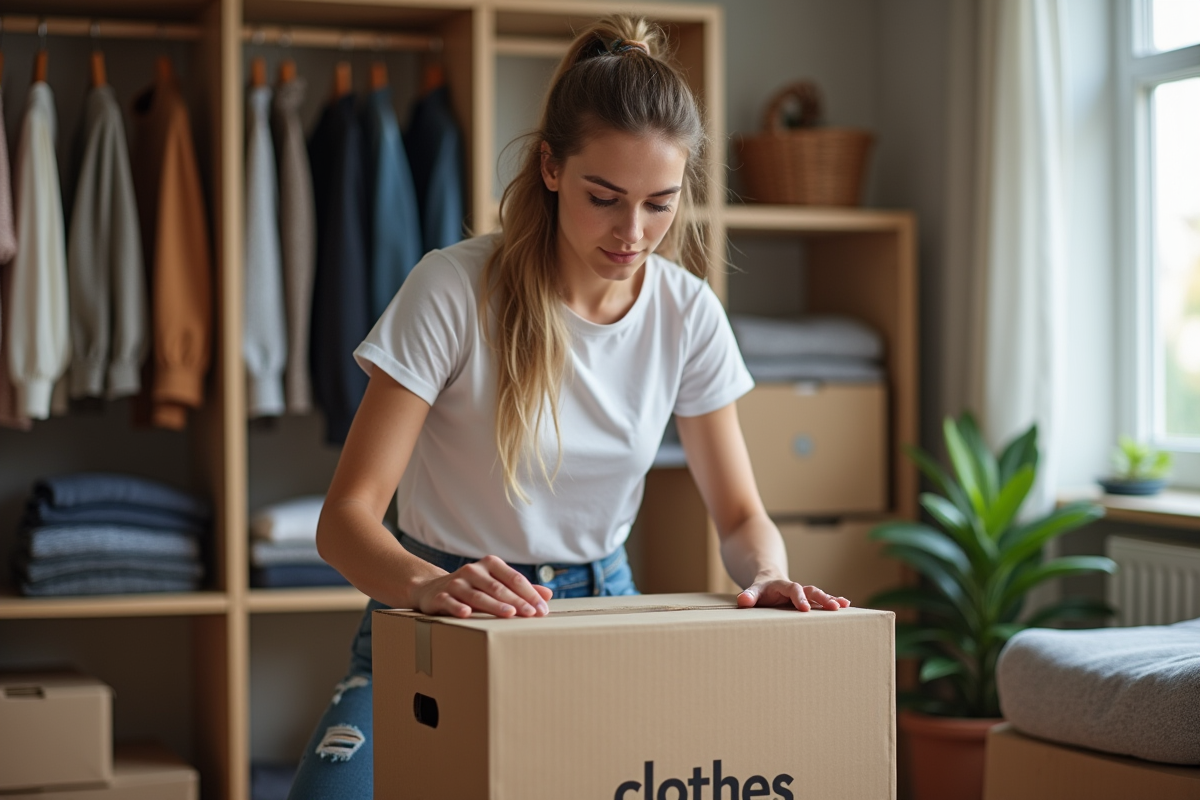Jeune femme emballant une boxe de vêtements dans son salon