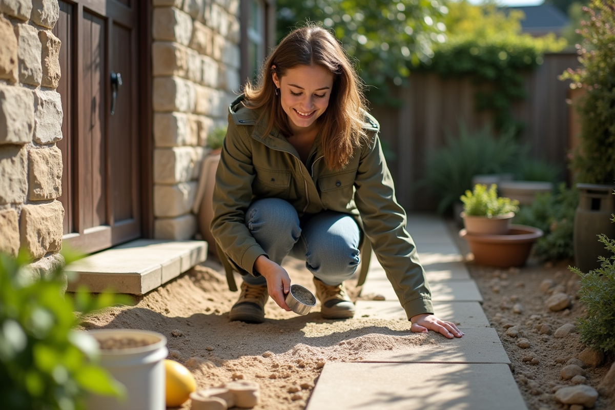 Jeune femme posant des matériaux pour un chemin en pierre