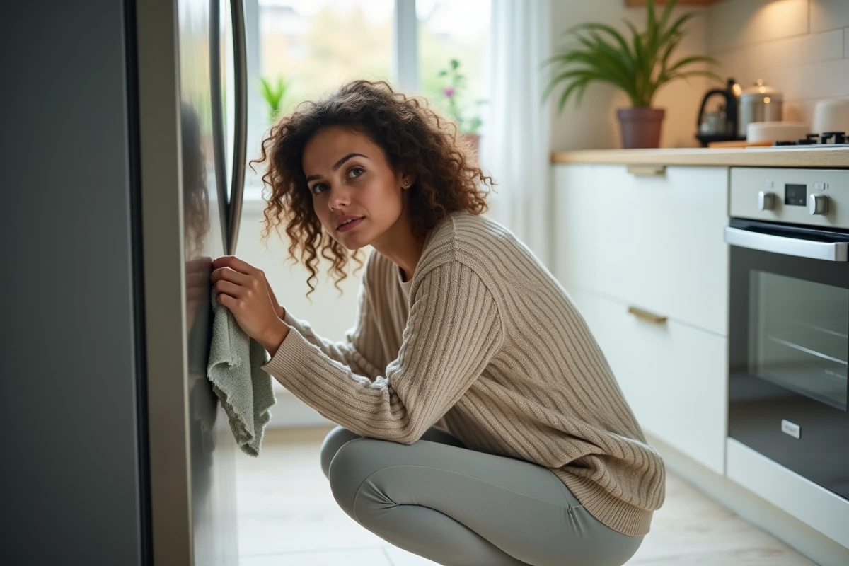 Jeune femme r&eacute;agissant &agrave; une fuite d