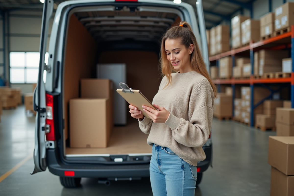 Jeune femme vérifiant un inventaire dans un entrepôt