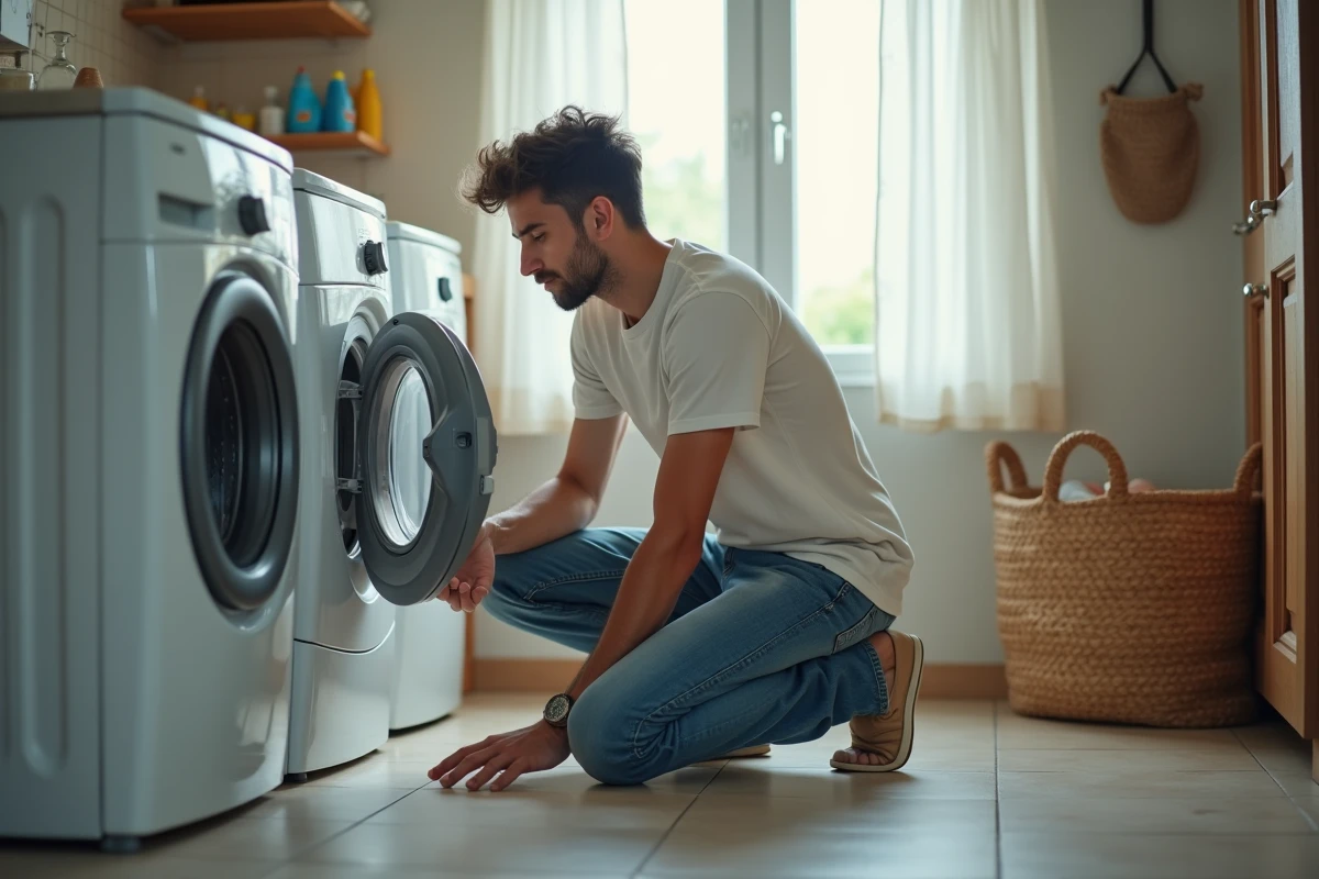 Jeune homme examinant la machine &agrave; laver dans la buanderie