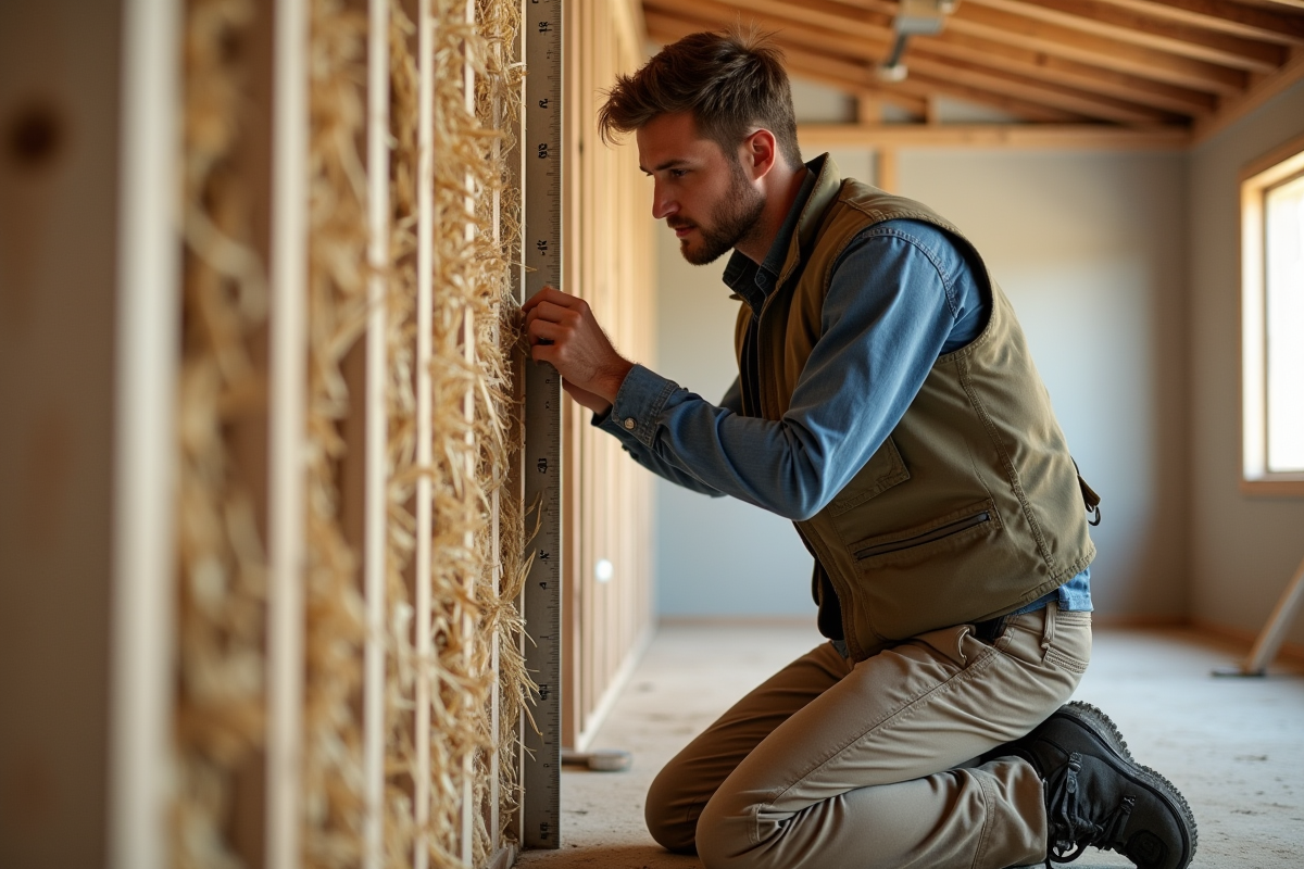 Jeune homme mesurant un mur en paille dans une construction intérieure