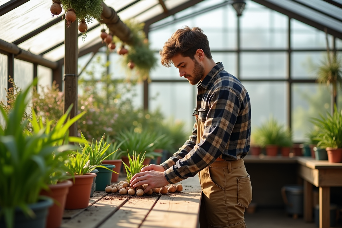 Jeune homme arrangeant des bulbes de lys dans une serre lumineuse
