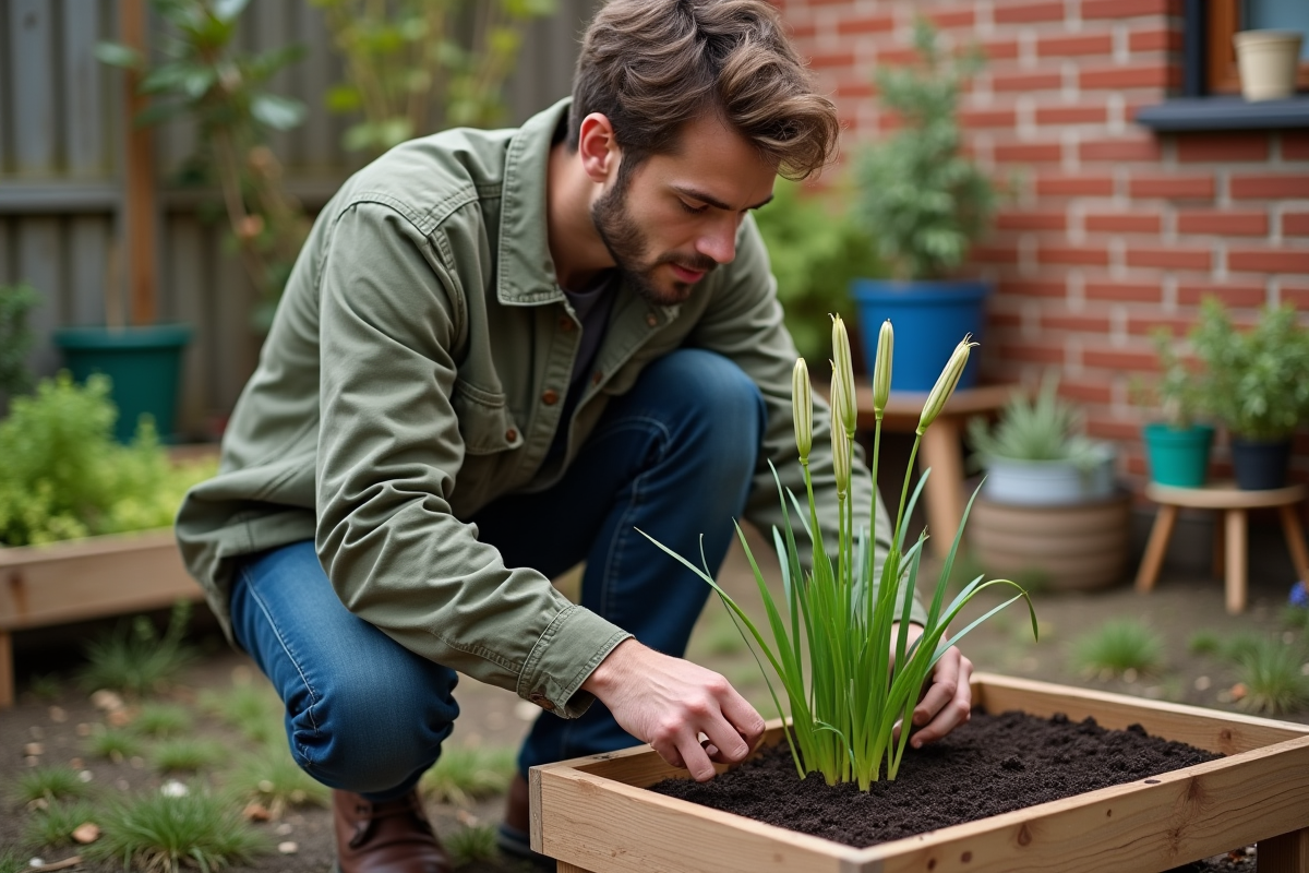 Jeune homme transplantant une tulipe dans un jardin urbain
