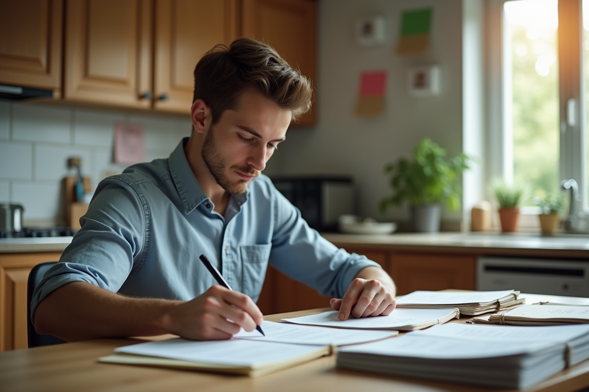 Jeune homme triant des documents sur une table de cuisine