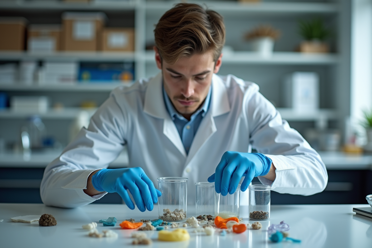 Jeune homme triant des échantillons de plastiques en laboratoire