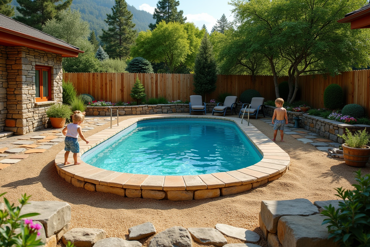 Enfants jouant près d une piscine dans un jardin rustique