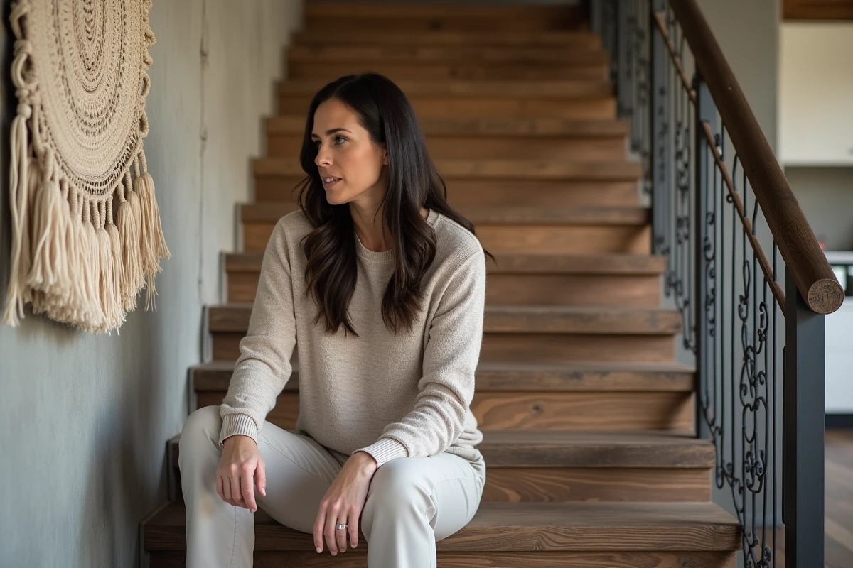 Joanna Gaines examine un tapis mural en tissu naturel