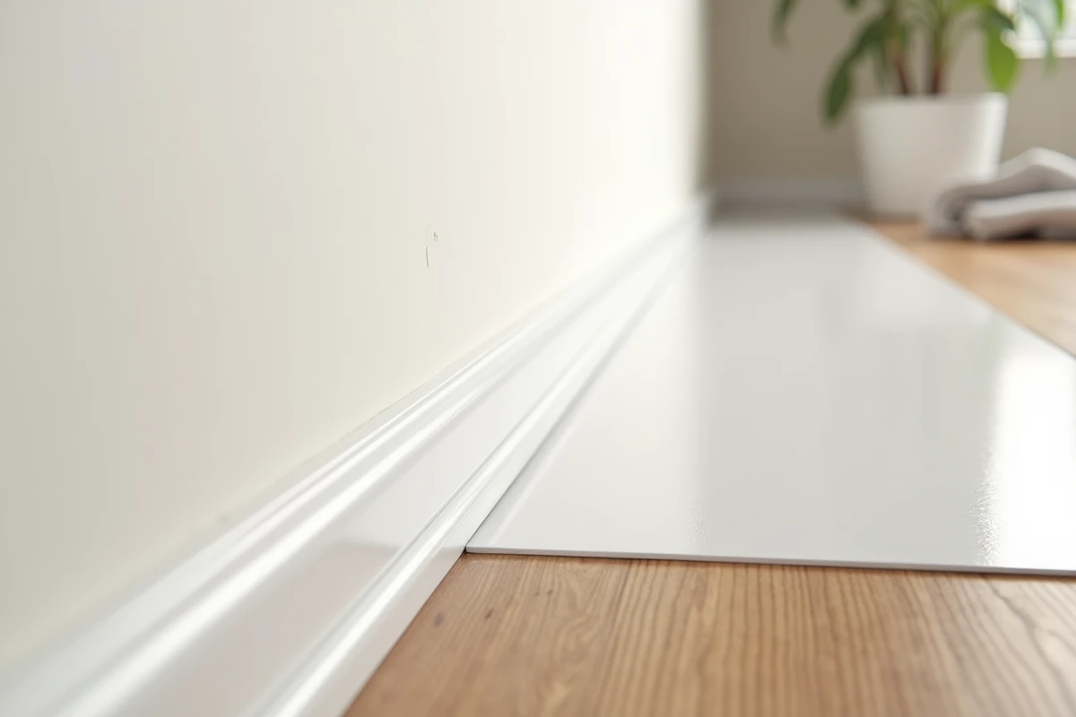 Gros plan sur un joint acrylique lisse entre une plinthe en bois et un mur peint en blanc dans une pièce rénovée