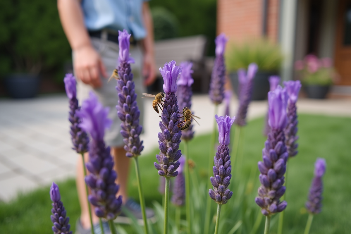 Gros plan de lavande avec guêpes et mains d