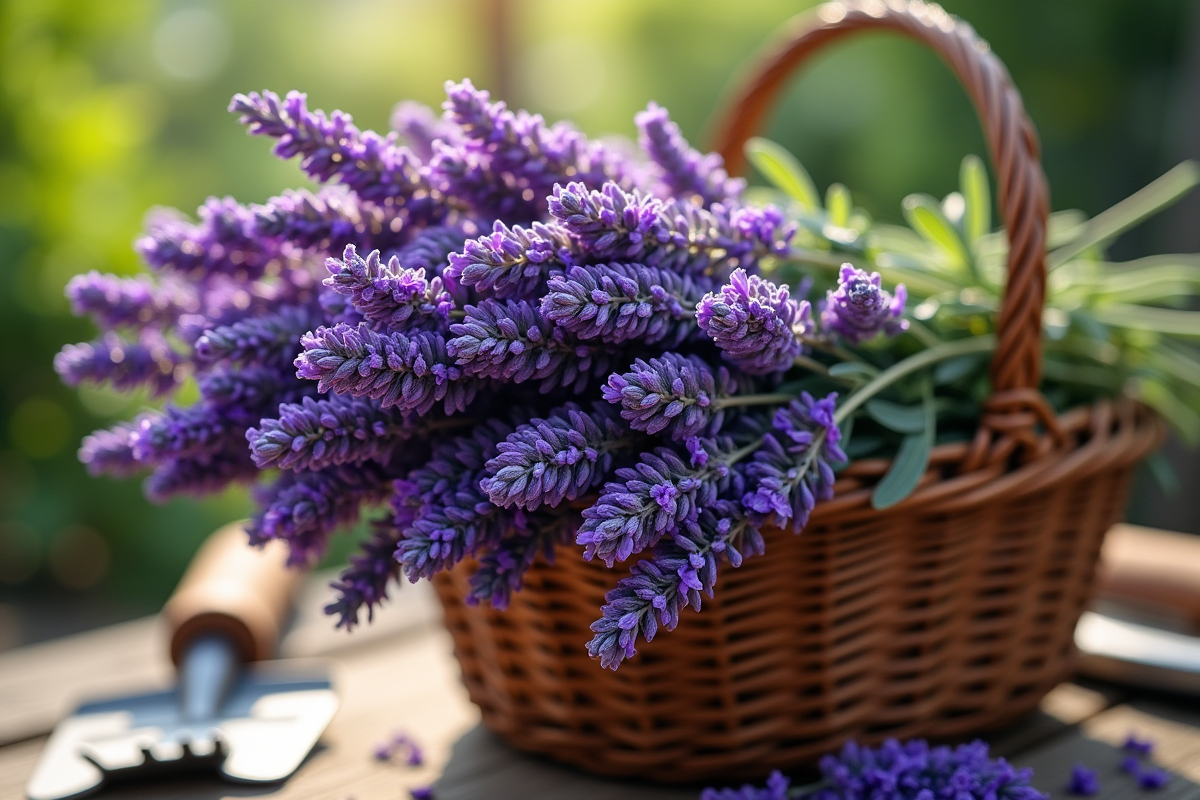 Lavande fraîche en panier rustique sur table de jardin