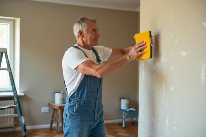 Homme appliquant une solution lessivante sur un mur intérieur beige avec une éponge avant la peinture