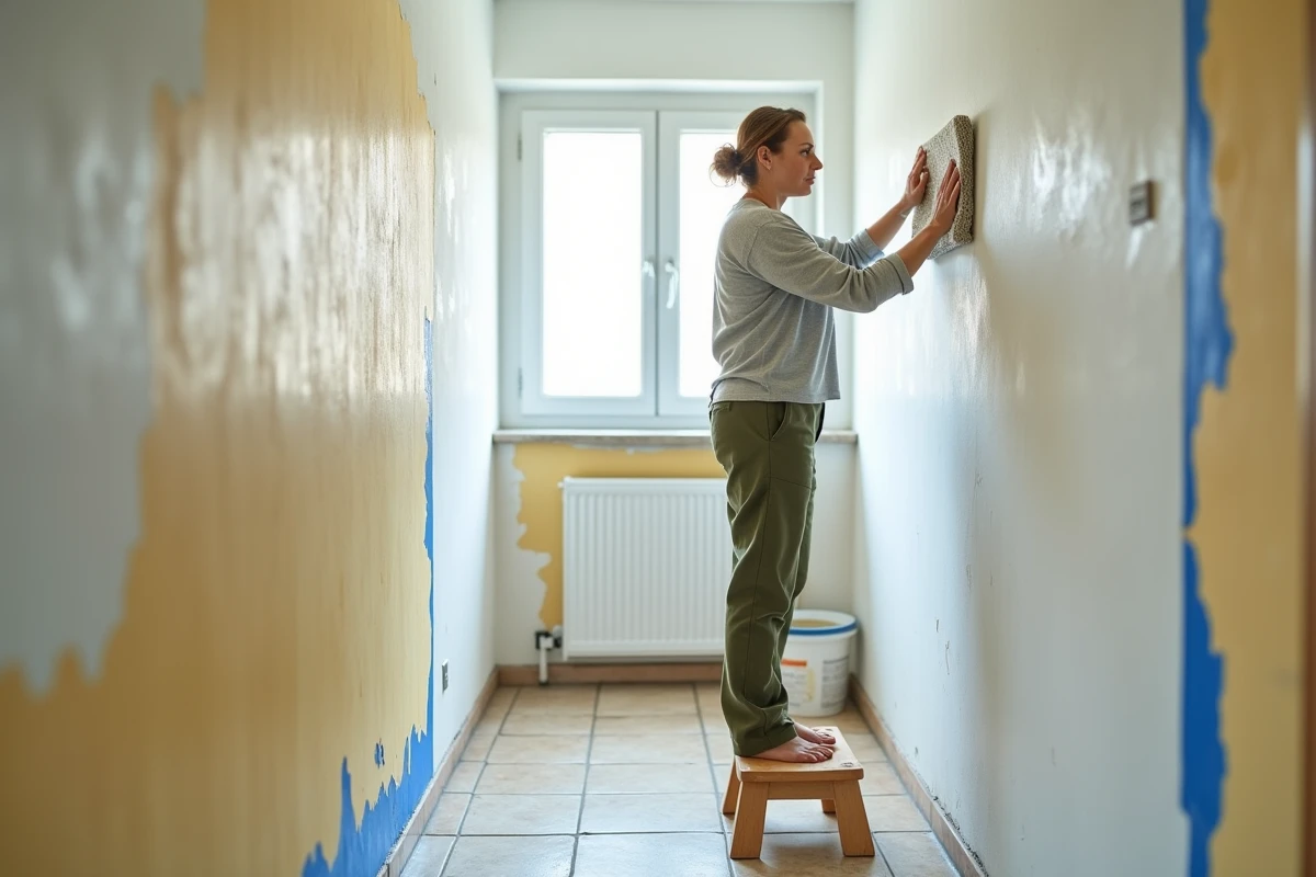 Femme lessivant un mur de couloir avec un chiffon microfibre pour enlever les auréoles avant la peinture
