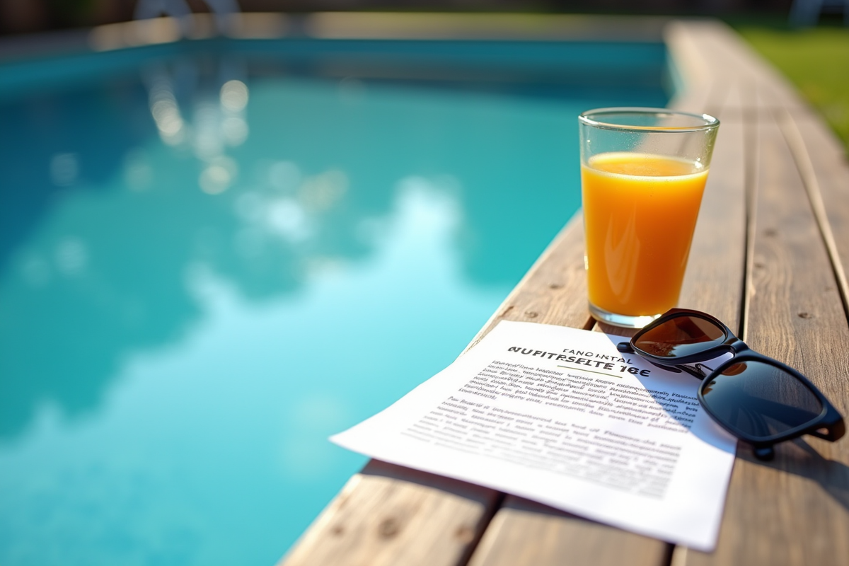 Lettre fiscale avec lunettes et jus d orange au bord de la piscine