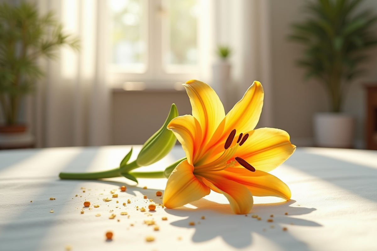 Une seule fleur de lily ouverte dans un salon lumineux avec pollen sur la table
