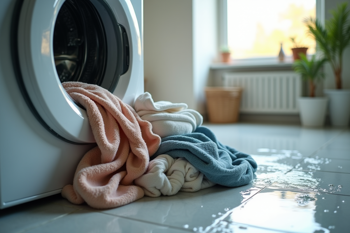 Pile de vêtements mouillés sortie du lave-linge avec lumière naturelle