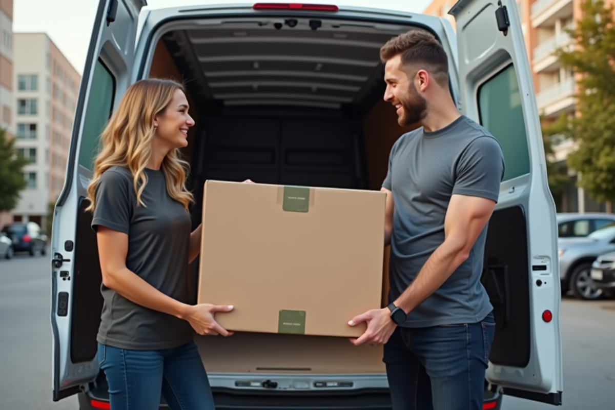 Livreur souriant charge un colis dans une camionnette en ville