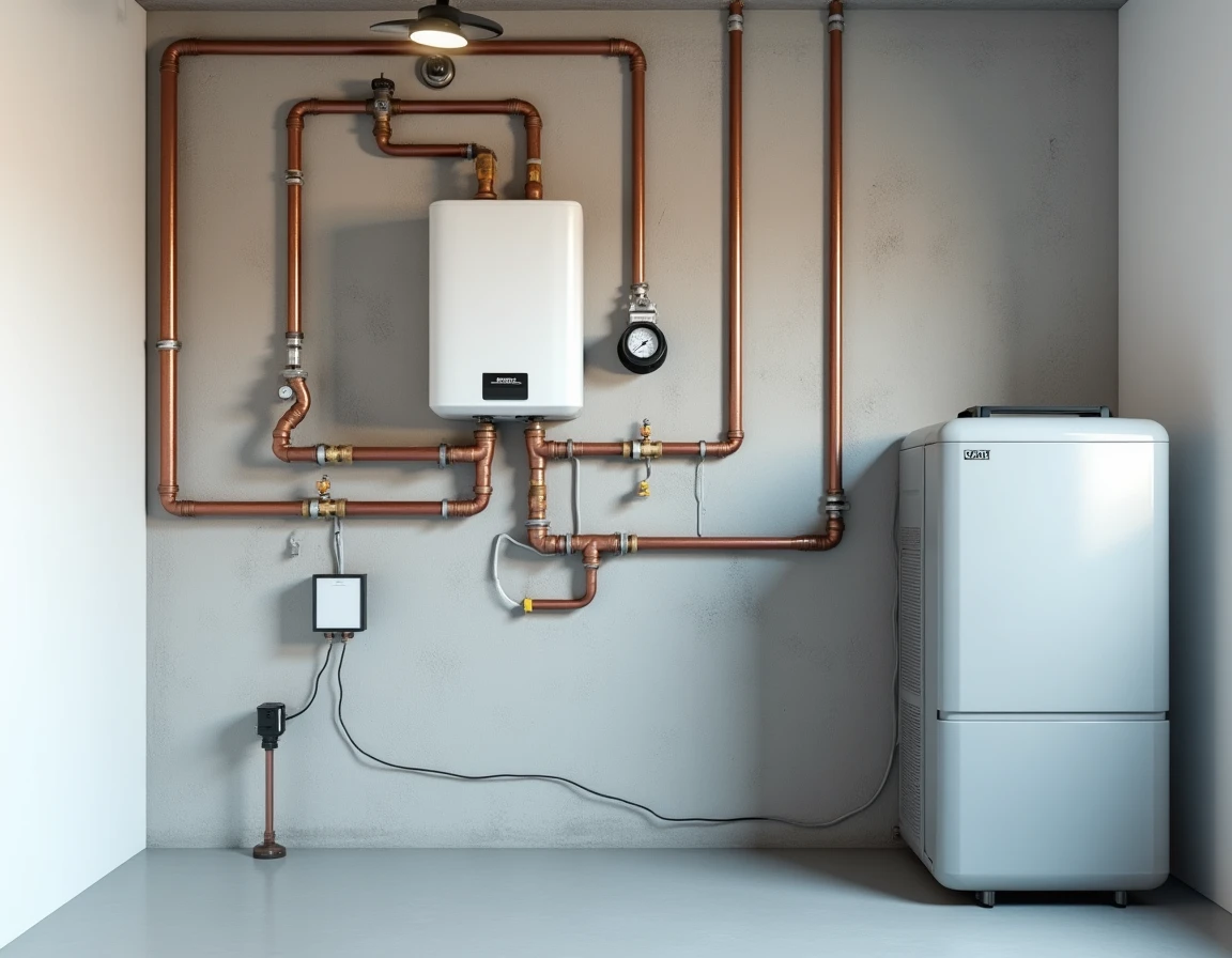 Local technique intérieur avec circuit hydraulique d'une pompe à chaleur air-eau, tuyauterie cuivre et ballon tampon
