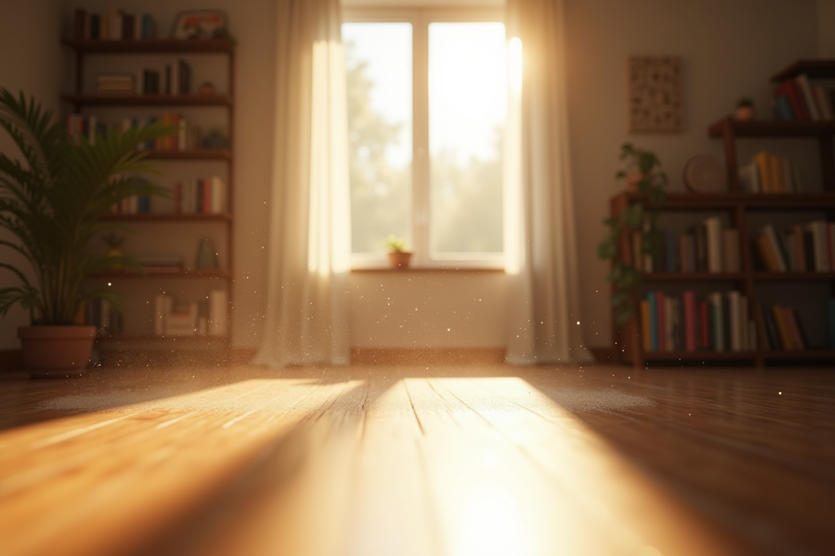 Lumière du soleil sur un sol en bois avec poussière en suspension