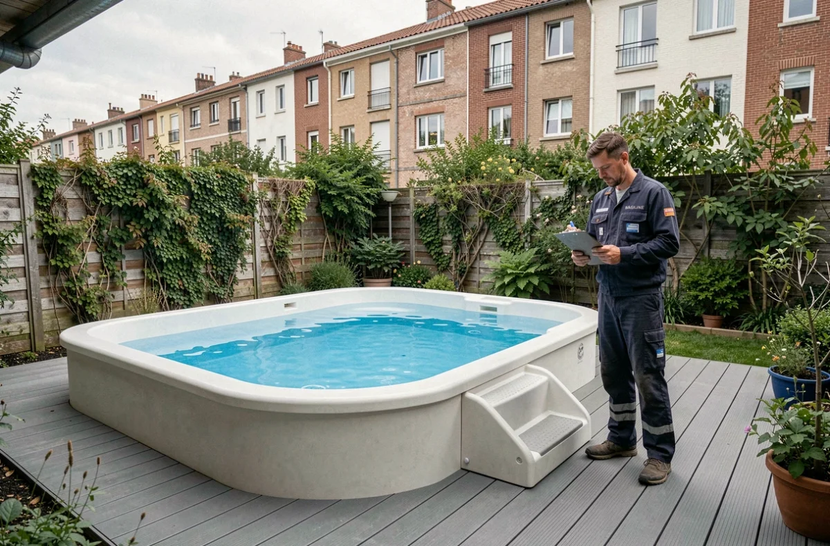 Technicien Magiline en tenue de travail effectuant la mise en service d'une piscine en fibre de verre monobloc dans un jardin urbain francilien avec terrasse en composite gris